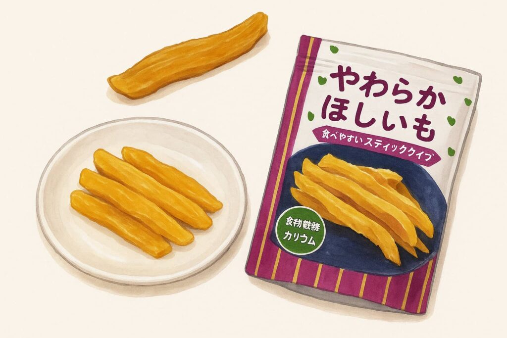 やわらかほしいものパッケージとスティック状の干し芋