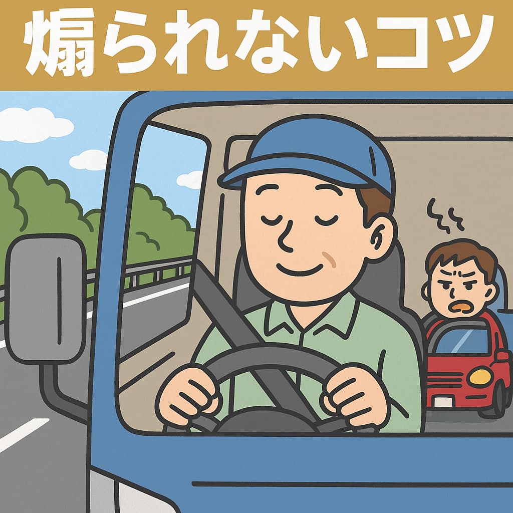 落ち着いた表情で運転するトラック運転手と、その後ろに苛立った車を描いたイラスト。