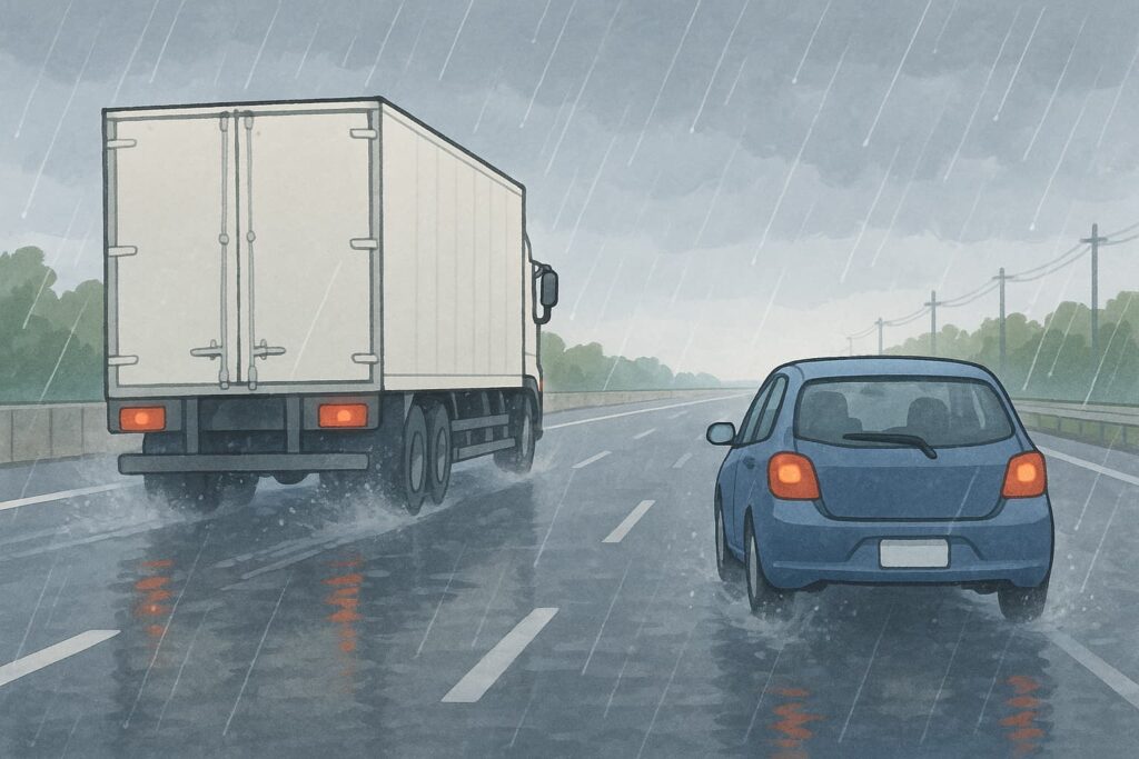 雨の日の薄暗い場面での運転のイラスト。走りづらそうな雰囲気