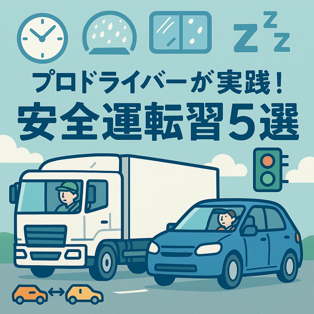大型トラックと乗用車が並んで走るイラスト。「プロドライバーが実践！安全運転習慣5選」の文字かある