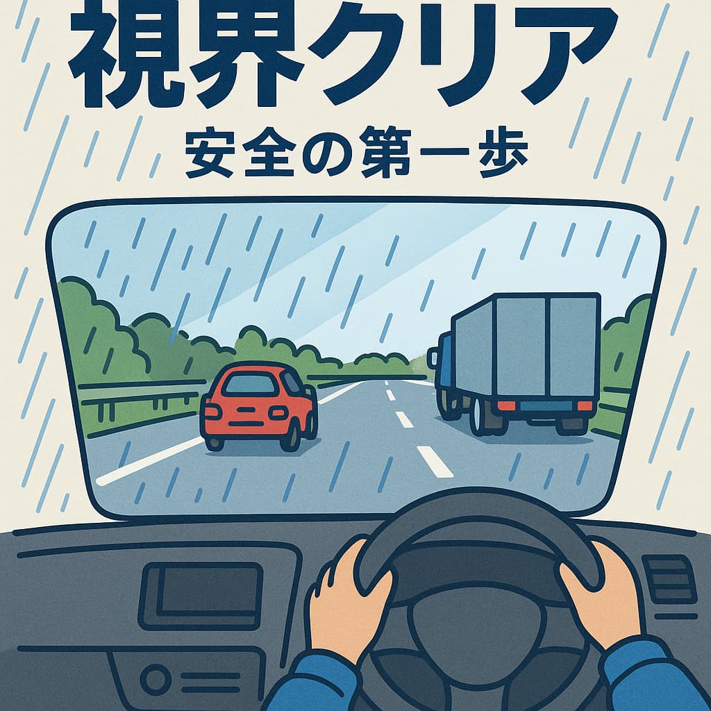 雨の高速道路を運転席から見たイラスト。フロントガラスに撥水処理がされており、赤い乗用車や前方のトラックがはっきりと見える。上部に『視界クリア　安全の第一歩』の文字。