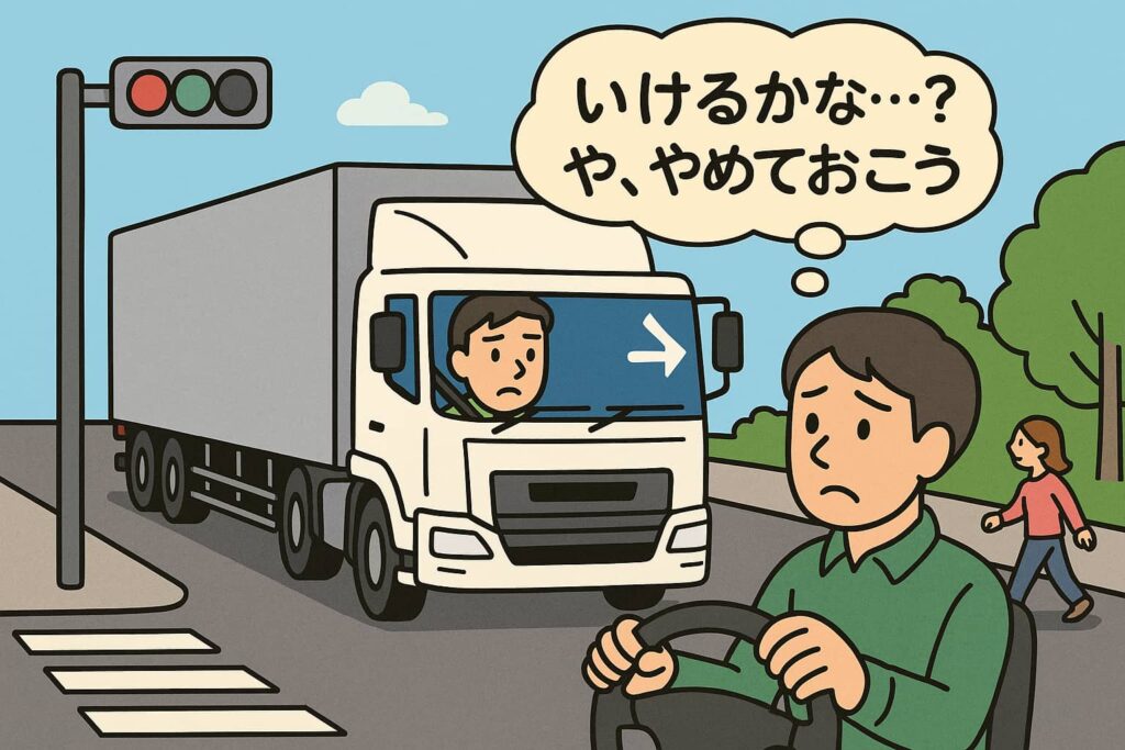 交差点で大型トレーラーの運転手が「いけるかな…？やめようか」悩んでいるイラスト。