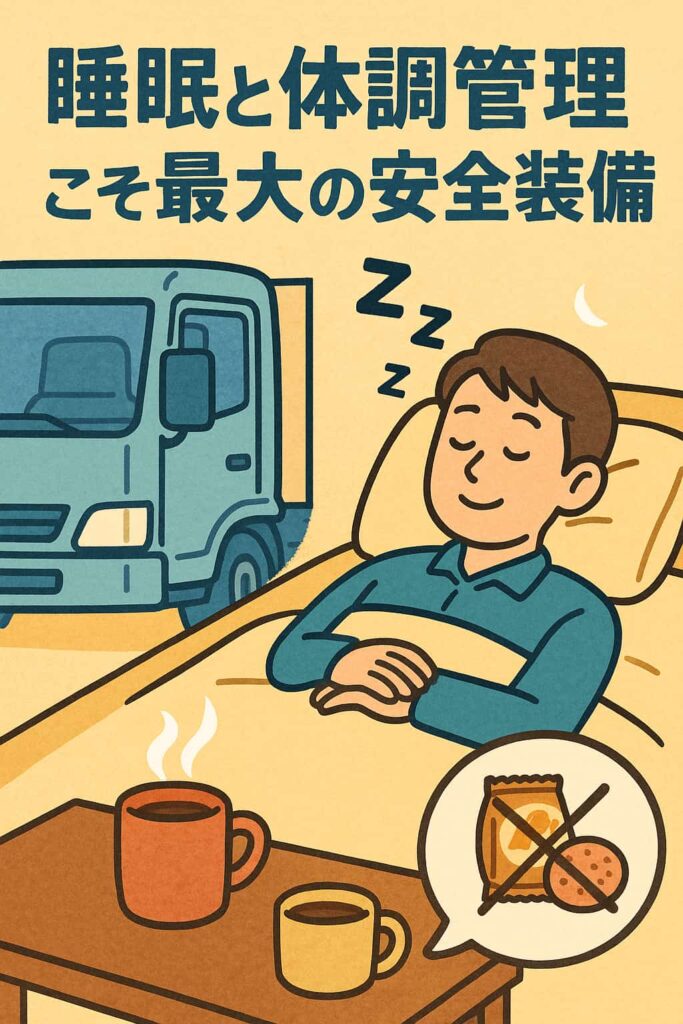 ベッドでぐっすり眠るトラックドライバーのイラスト。横には湯気の立つコーヒーとお茶があり、暴食NGのサインも描かれている。