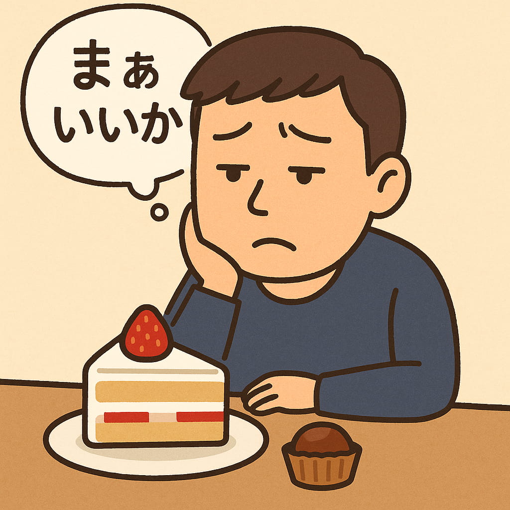 困った表情の男性がテーブルに座り、目の前のケーキやお菓子を前に悩んでいるイラスト。吹き出しには『まぁいいか』と書かれている。