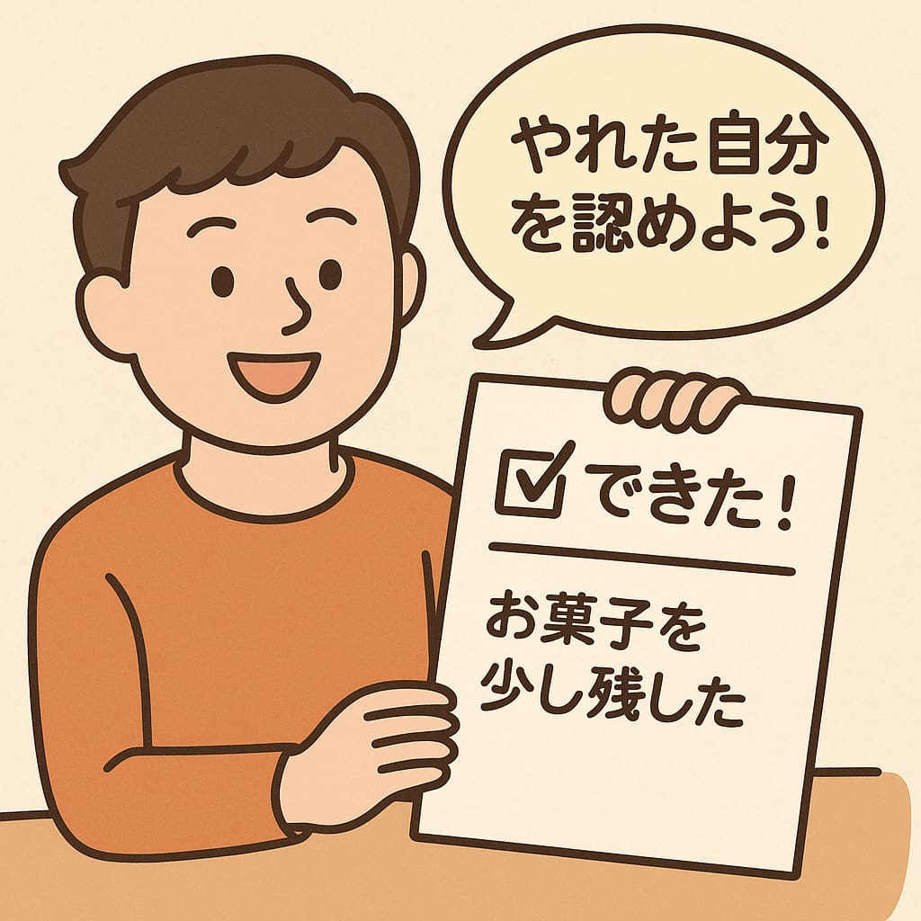 笑顔の人物がチェックリストを持ち、『できた！』と大きく書かれている。チェック欄には『お菓子を少し残した』と書かれ、吹き出しに『やれた自分を認めよう！』と表示されたイラスト。