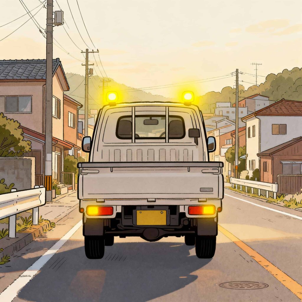 「ありがとう」のサンキューハザードを出している軽トラックのイラスト