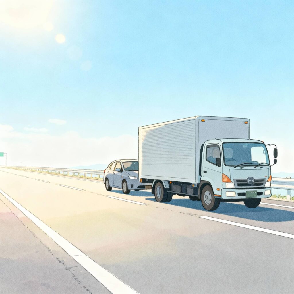 天気の良い、のどかな道路なのにピッタリと乗用車が後ろに張り付き煽られているトラックのイラスト