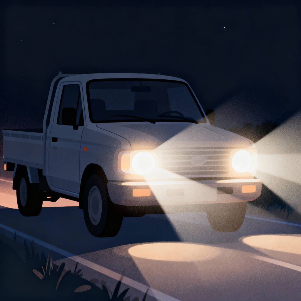 夜間ハイビームで走っている車のイラスト。ハイビームの眩しさを表現