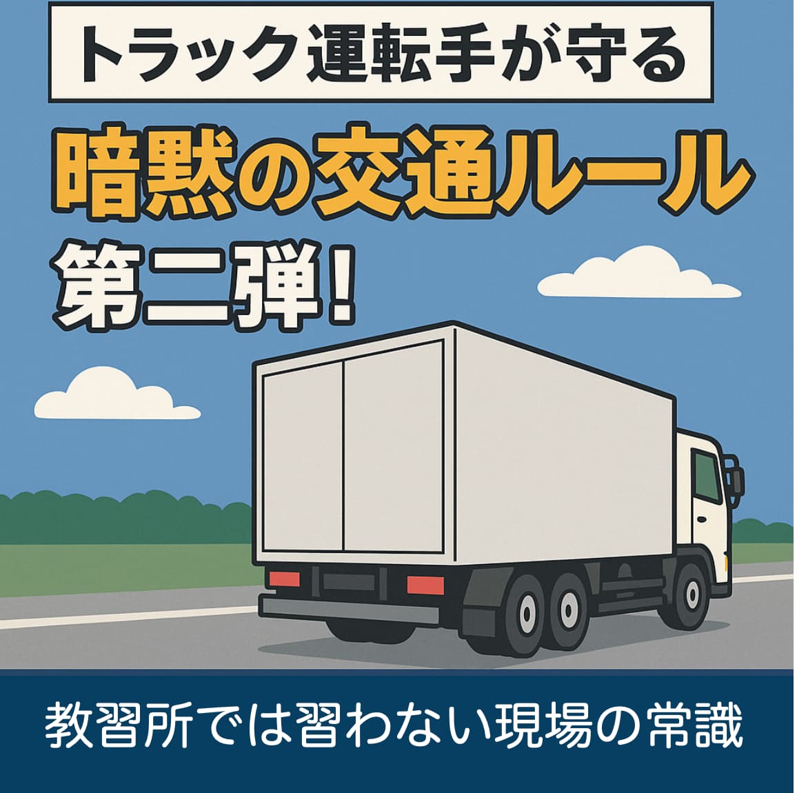 斜め後ろから見た大型トラックと「トラック運転手が守る暗黙の交通ルール第二弾」という文字が入ったイラスト風アイキャッチ画像。