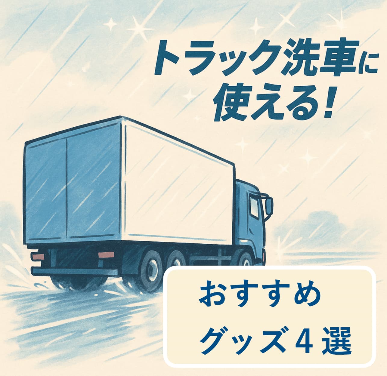 大型トラックと水しぶきを背景に「トラック洗車に使える！おすすめグッズ4選」と書かれたイラスト