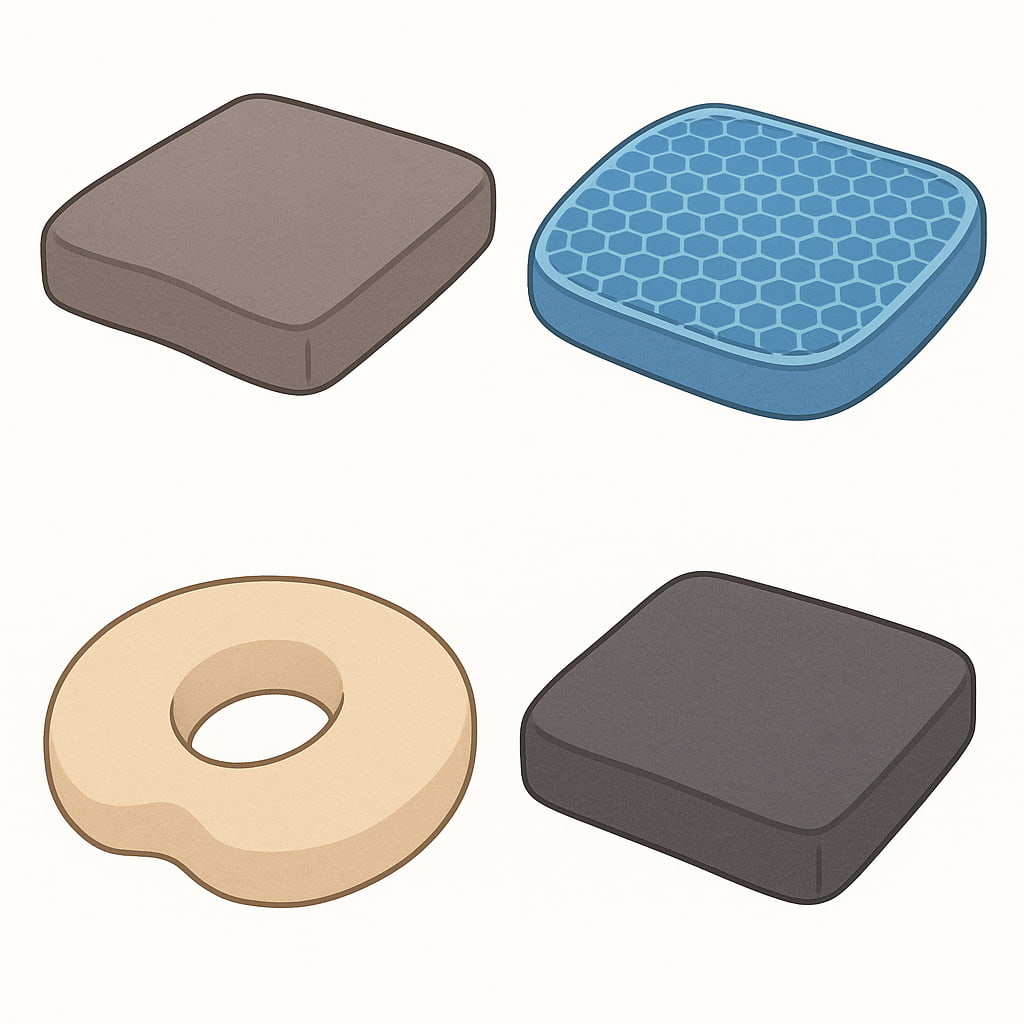 低反発・高反発・ドーナツ・ジェル。様々なタイプのクッションのイラスト。