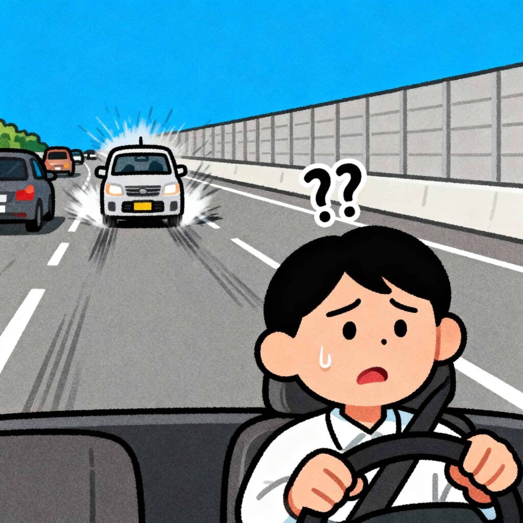 後ろから猛スピードで来る車、心当たりがなく困惑している運転手が描かれているイラスト