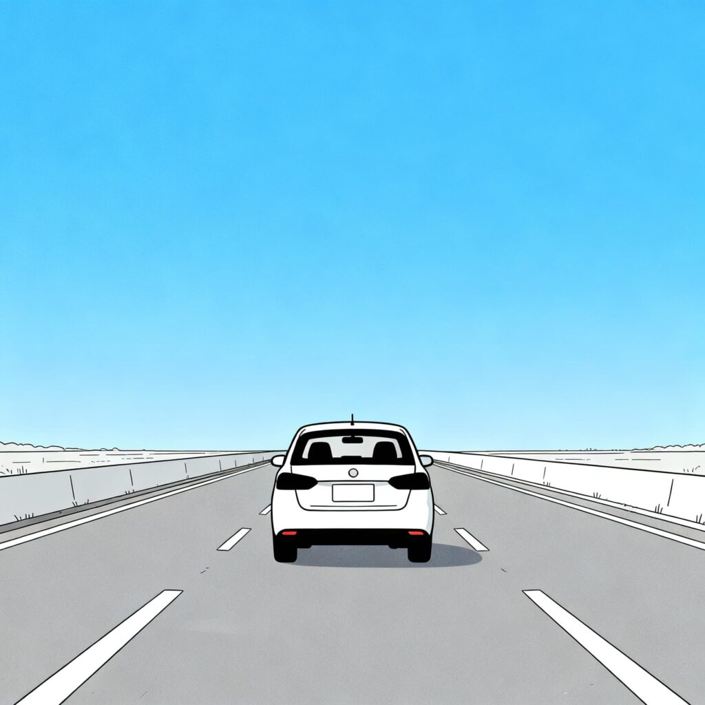 何のない真っ直ぐな道を走っている車のイラスト