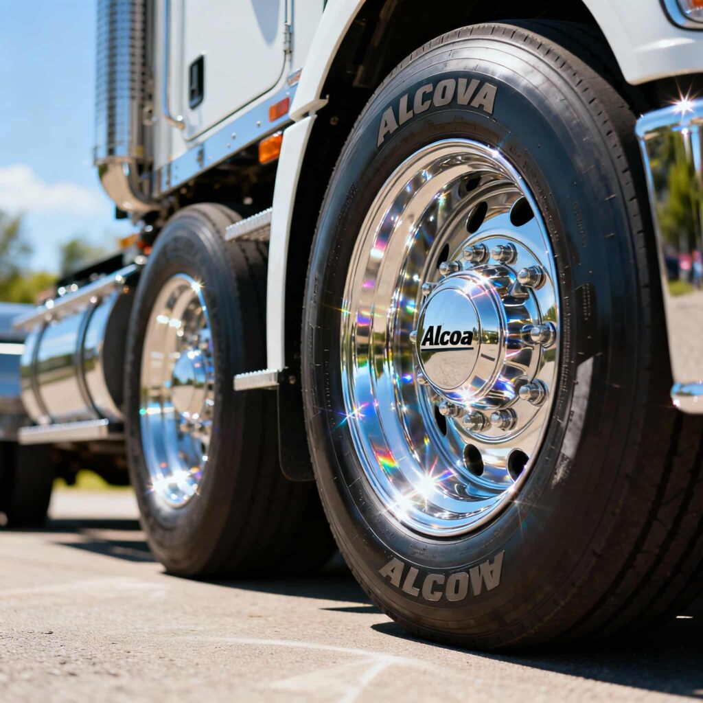 光輝いているアルミホイールの画像。