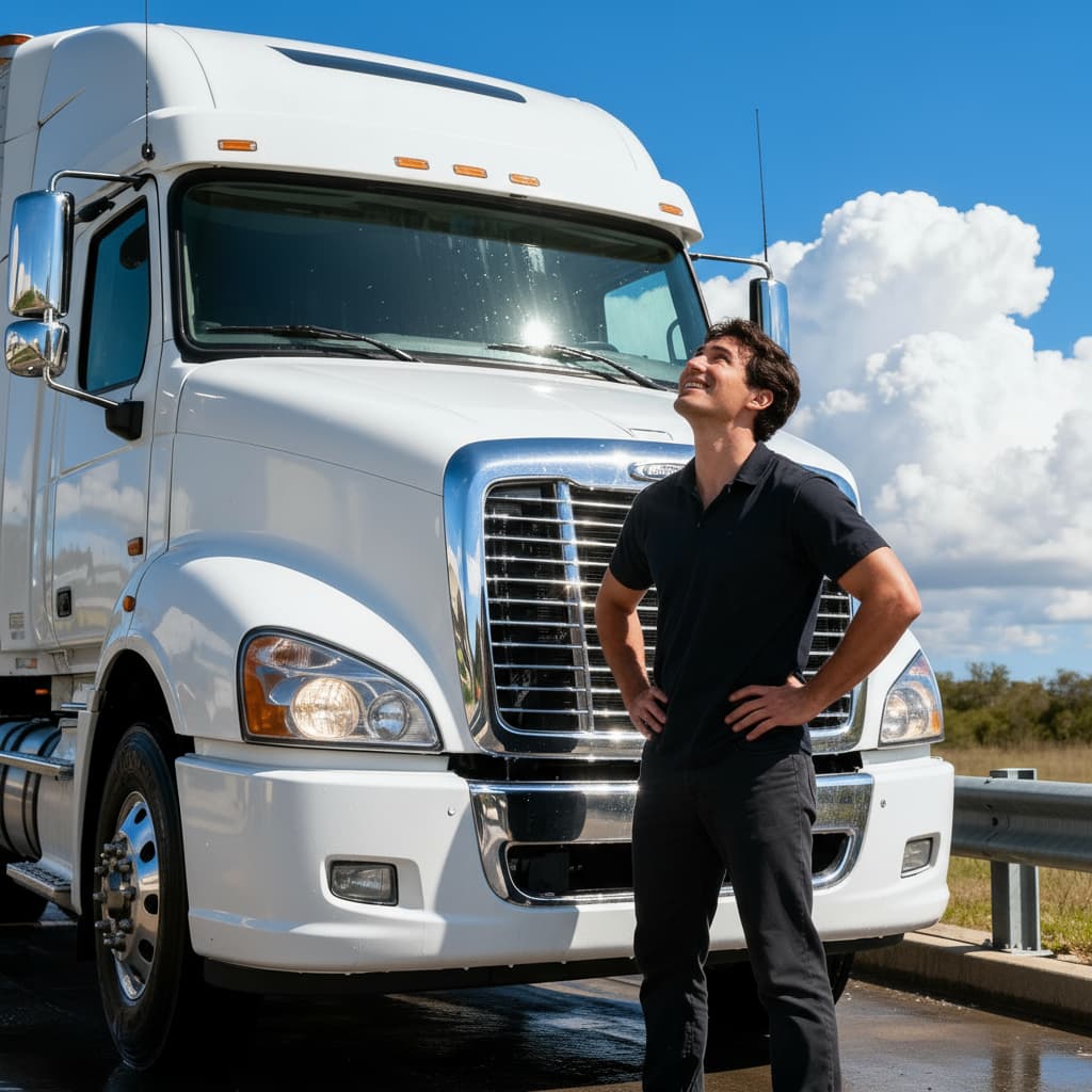 洗車を終えて「キレイになって気持ちいい」表情で空を見上げている男性の写真。