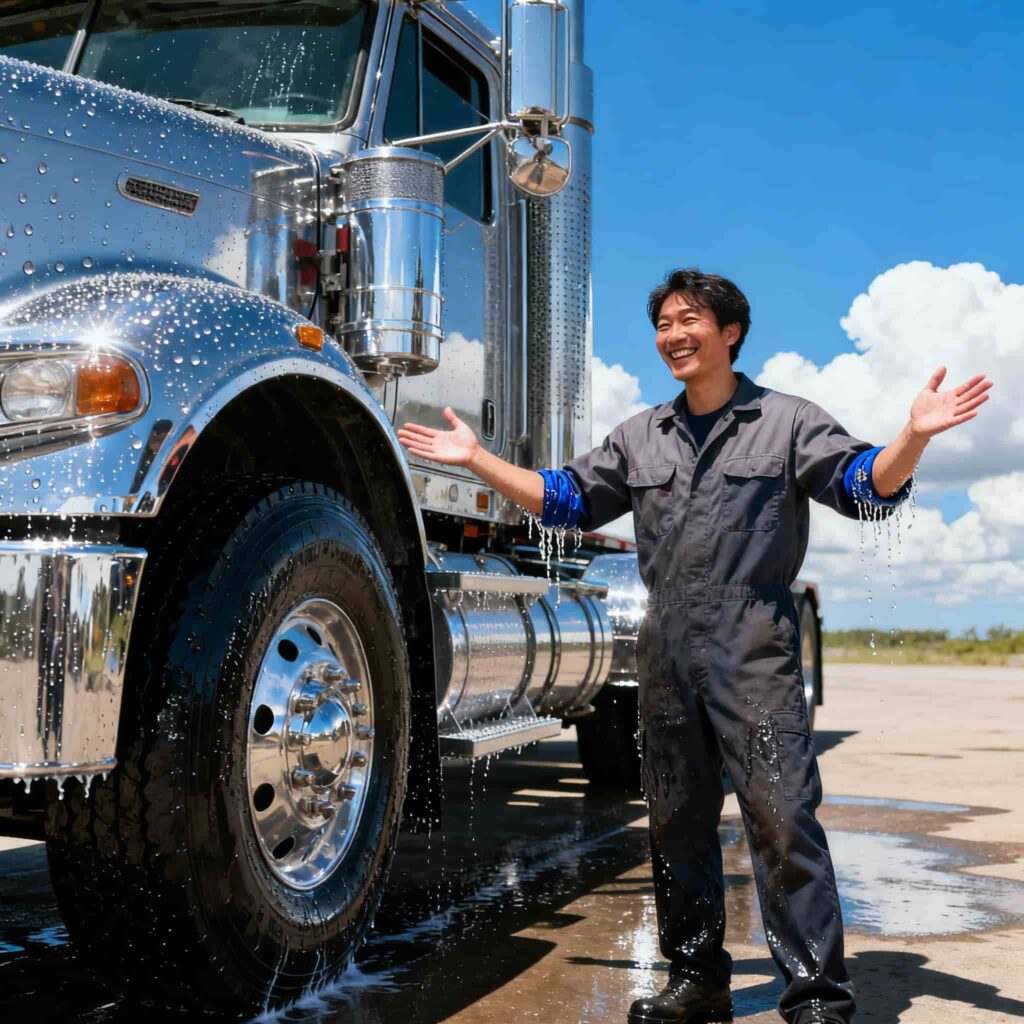 トラックを洗車している男性の写真。快晴の空のもと、楽しそうに笑っている。