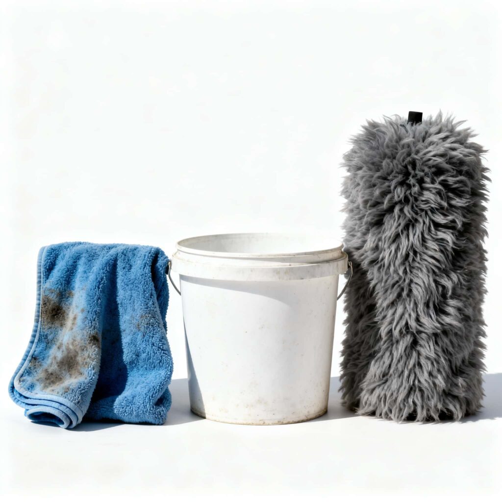 バケツ・洗車用タオル・仕上げ用タオルの写真