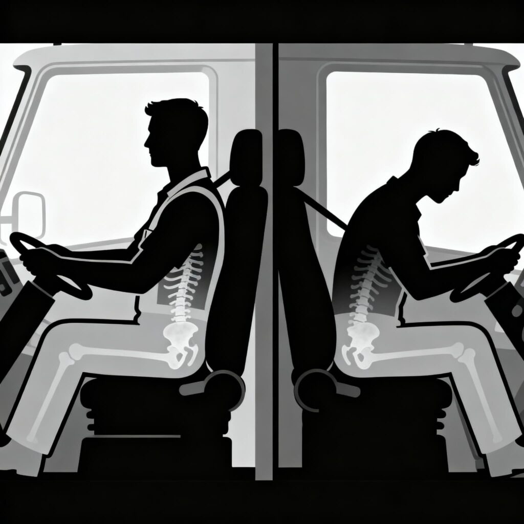 正しい運転姿勢と悪い運転姿勢の比較のイラスト。