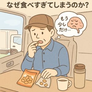 トラックでおやつを食べている男性の運転手。なぜ食べすぎてしまうんだろうと悩み顔。