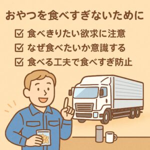 おやつを食べすぎないためのコツを教えてくれている男性のイラスト
