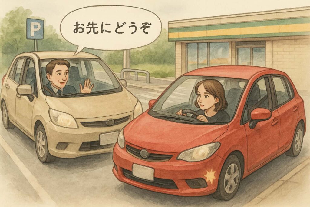 コンビニから出ようとする車を譲ってあげる男性運転手のイラスト