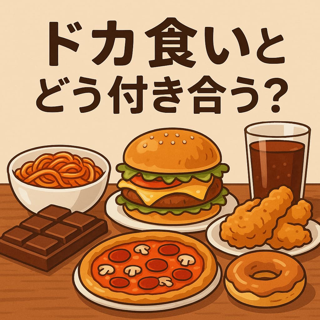 ハンバーガー、ピザ、フライドチキン、ドーナツ、チョコレートなど美味しそうな食べ物が並ぶ食卓と「ドカ食いとどう付き合う？」の文字