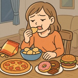目の前にある食べ物をついつい食べてしまっている女性のイラスト