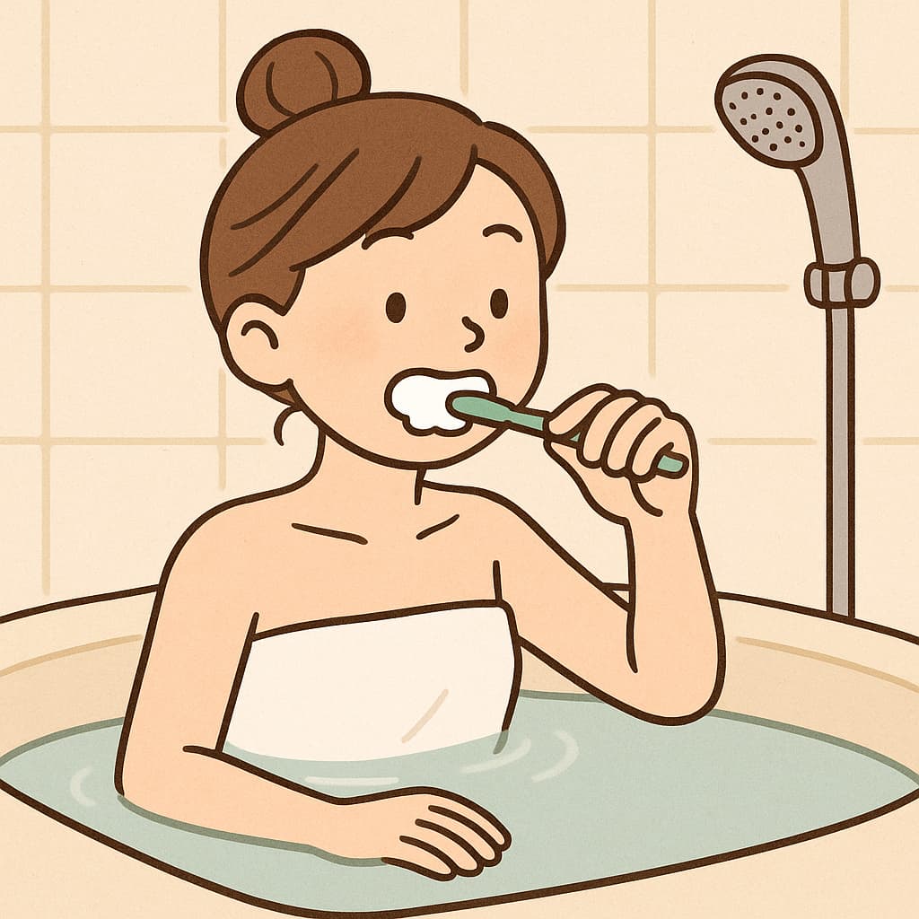 お風呂で歯磨きをしている女性のイラスト。
