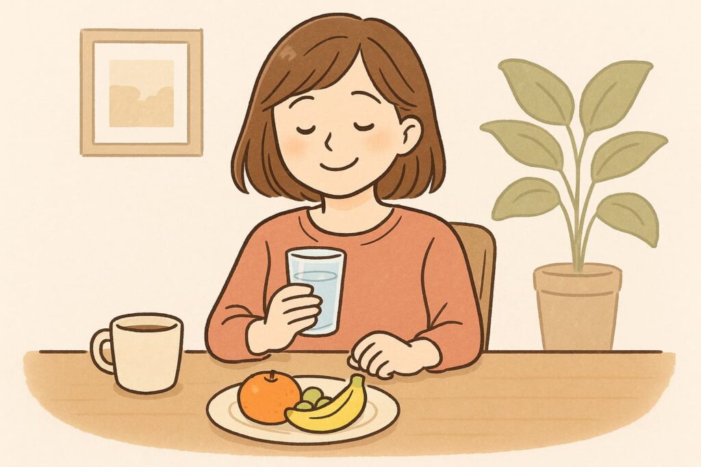 水やお茶を飲み落ち着いた表情をしている女性のイラスト。テーブルにはフルーツがある。