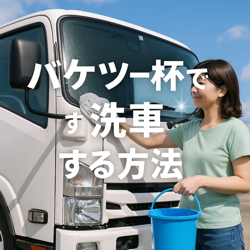 トラックを洗車している女性の写真、手にはバケツとタオルを持っている