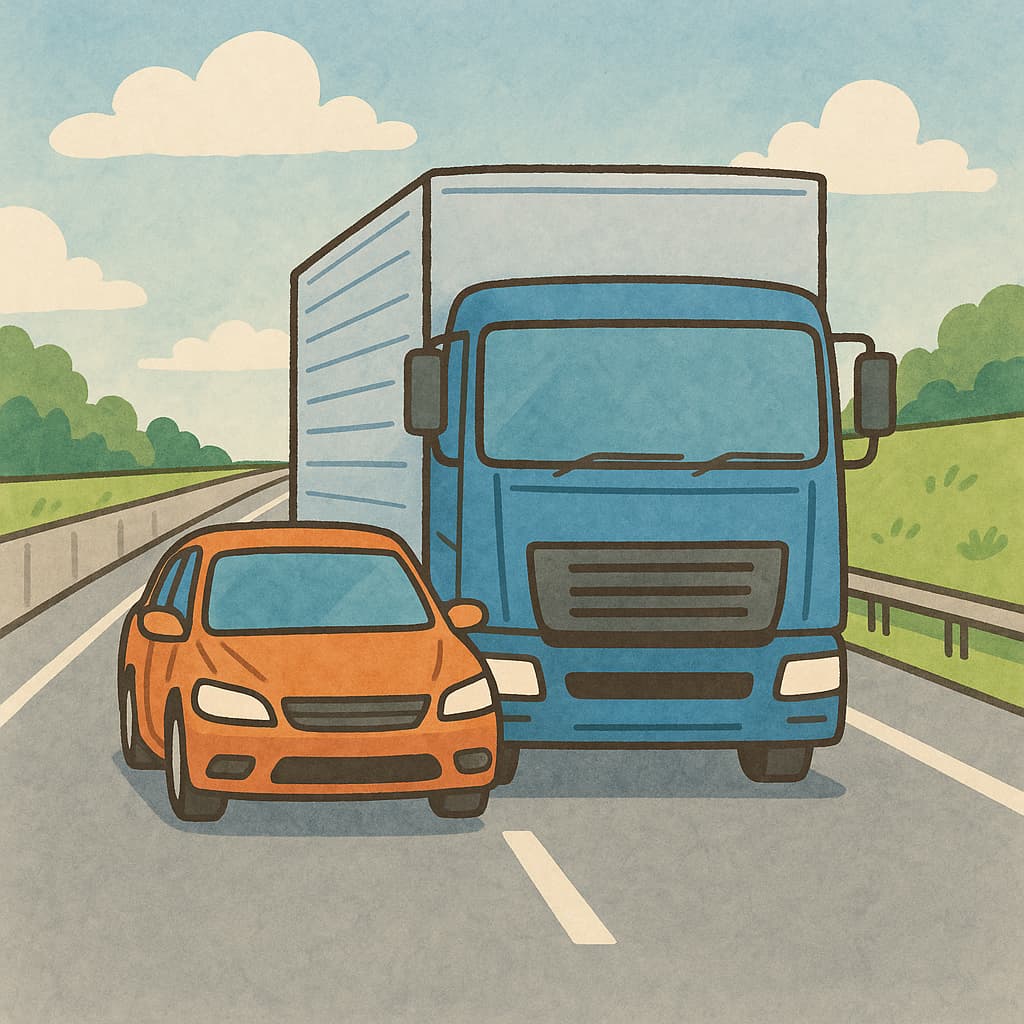 強引に車線を変える乗用車、あわや事故！？という場面を表したイラスト