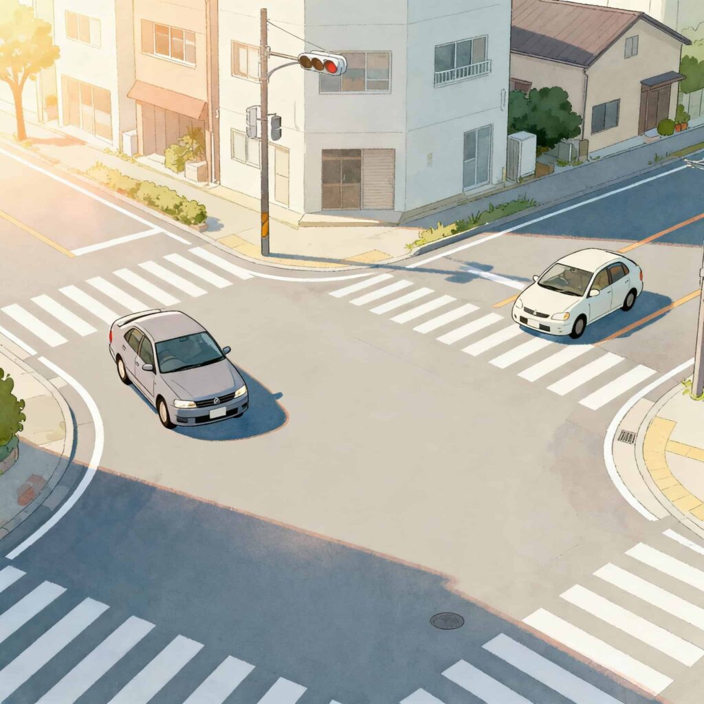 車が2台だけの、のどかな交差点のイラスト