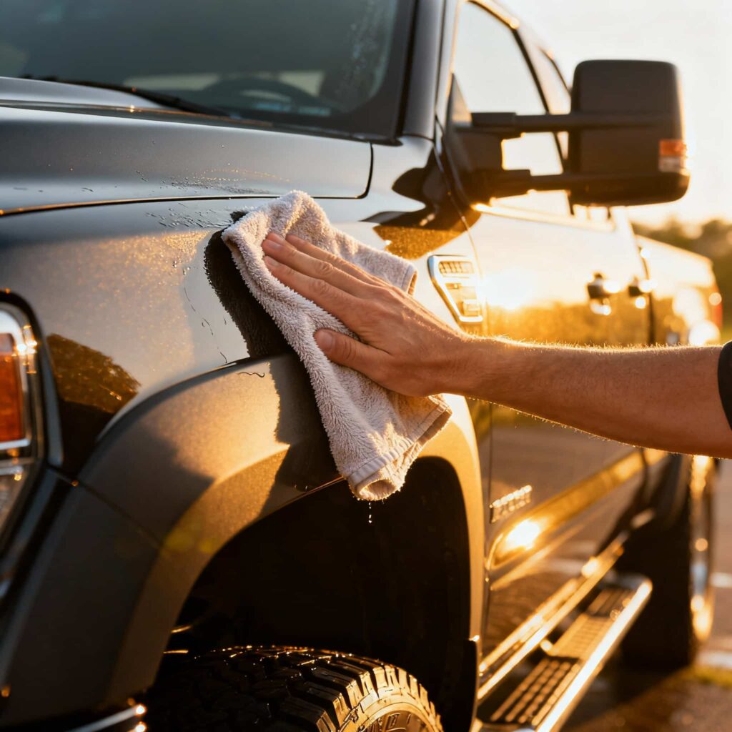 車をやさしく拭いている写真。