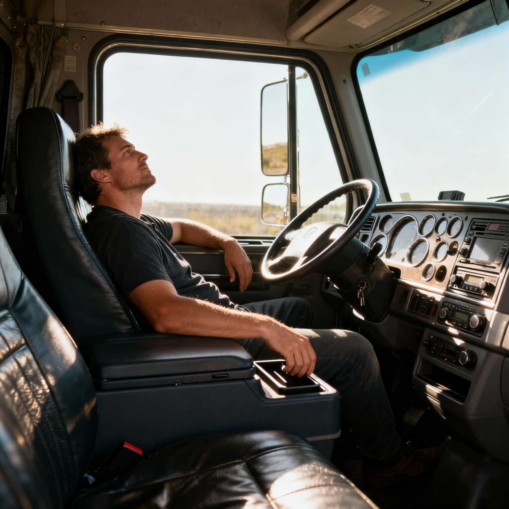 背もたれを倒し、ふんぞり返ってりる男性運転手の写真。