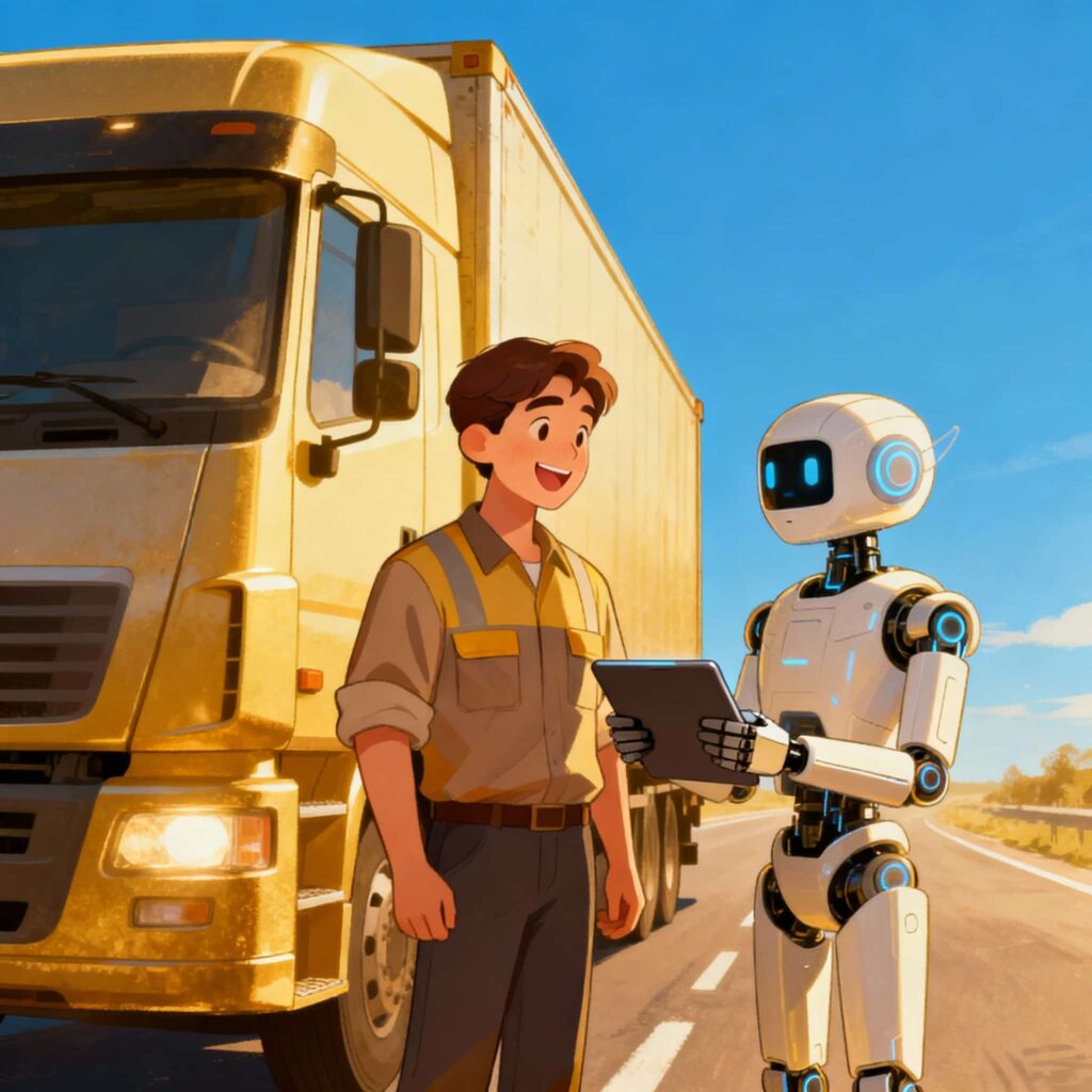 チャッピーがトラック運転手に“６つの仕組み”を説明しているイラスト。ドライバーはうなずきながら聞いている。