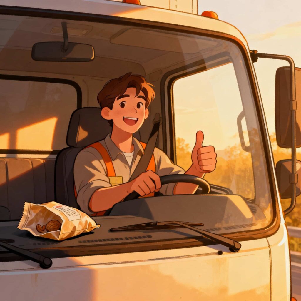 ナッツを１袋で止められて満足そうに笑うトラック運転手