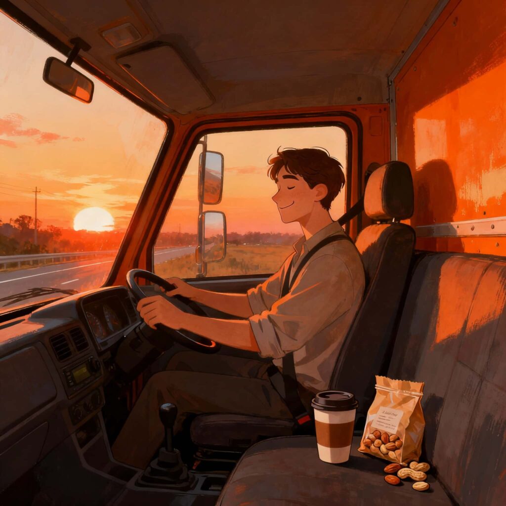 夕暮れの道路を走るトラック。コーヒーとナッツが置かれた落ち着いた雰囲気