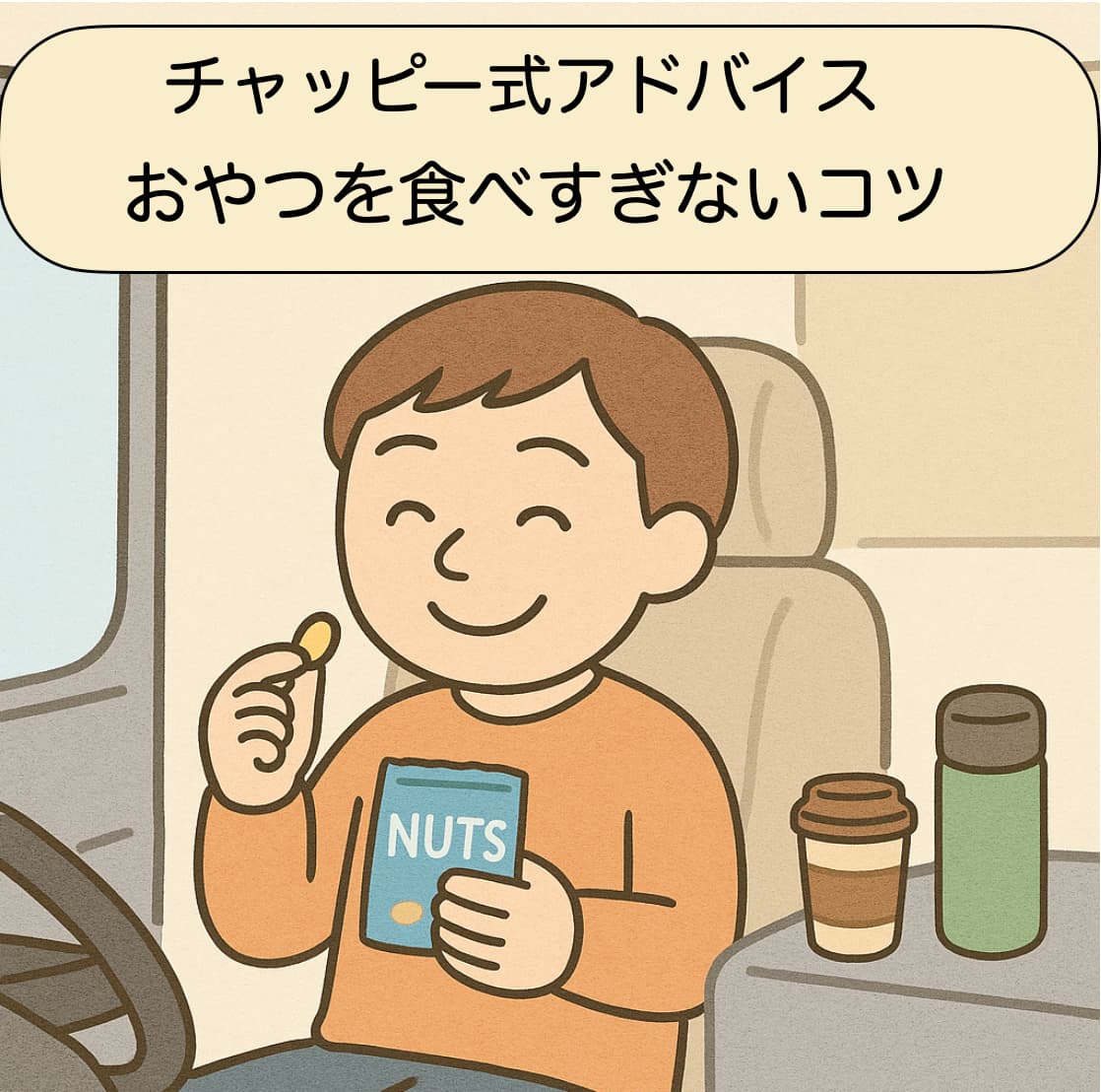 トラックの運転席で、おやつのナッツを嬉しそうに食べている男性のイラスト