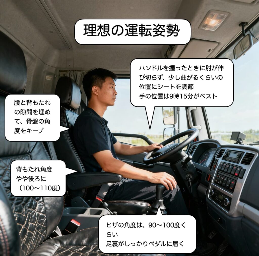 理想の運転姿勢をしている男性運転手の写真、吹き出しで説明している。