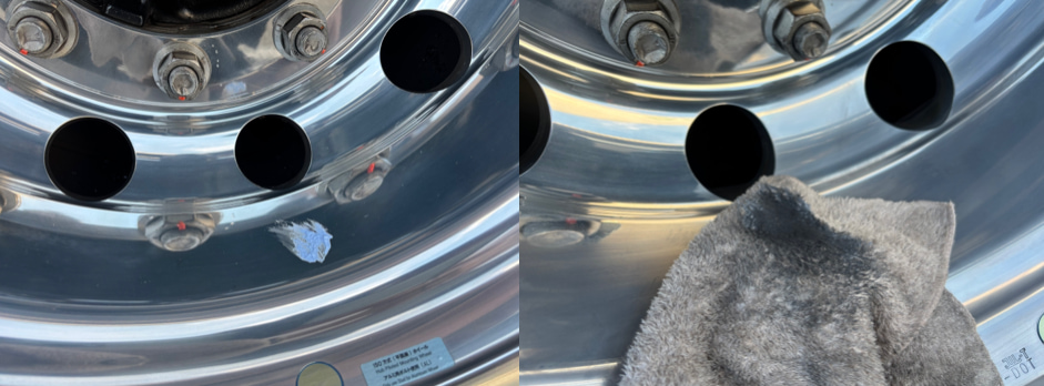 アルコアホイールをブルーマジックを使って磨いている様子の写真。