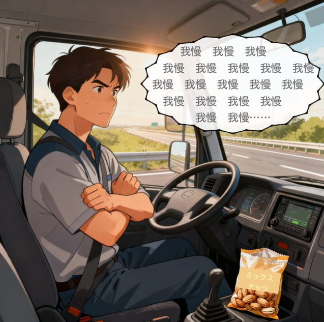トラック運転席で間食を我慢しようと葛藤する運転手