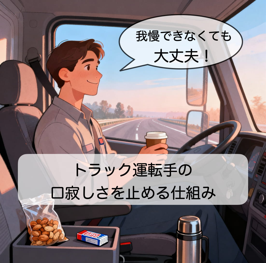 トラックの運転席でコーヒーを片手にひと息つくドライバー。口寂しさ対策グッズが見えている。