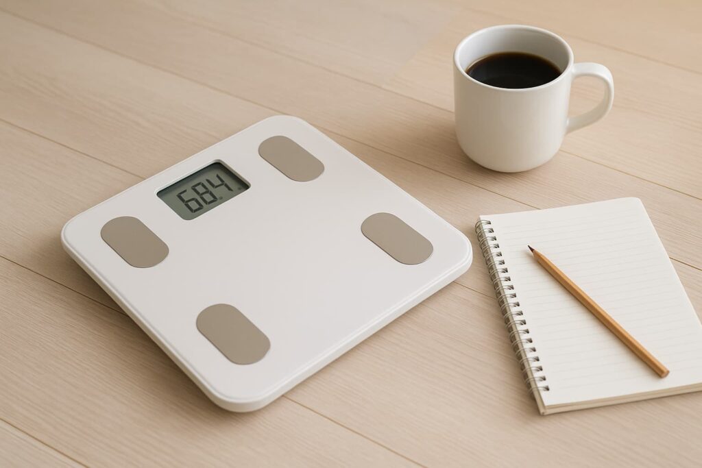 体重計とコーヒー、ノートが並ぶ。ゆるく体重管理を続けるイメージ