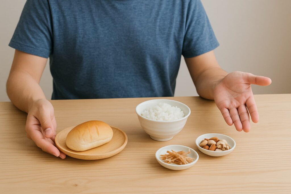 テーブルの上にパンとご飯があり、手が”どちらにしようかな”と迷っている写真
