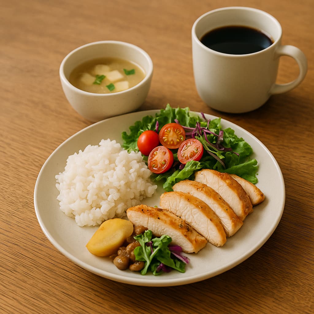 バランスの取れたワンプレートご飯とコーヒー。ダイエットキープ中でも楽しめる健康的な食事