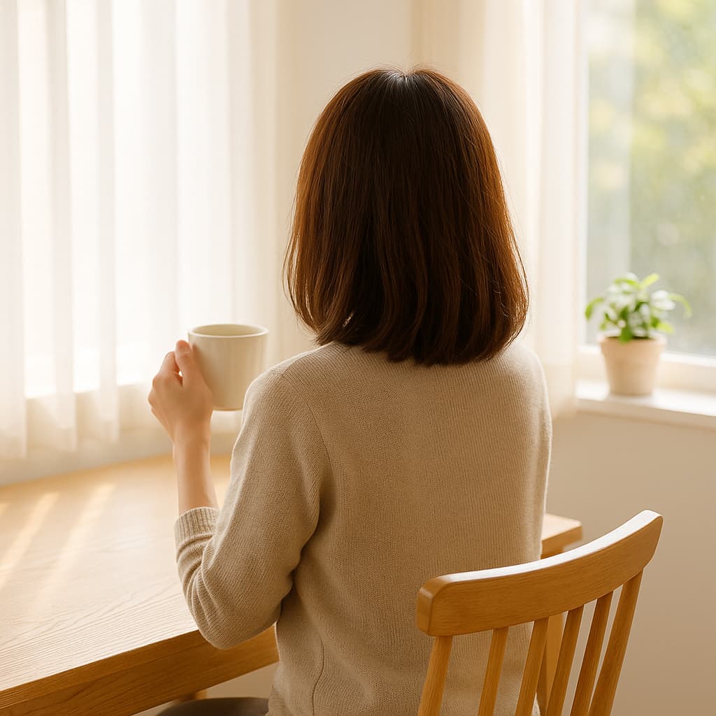 窓辺で朝日を浴びながらコーヒーを持つ後ろ姿