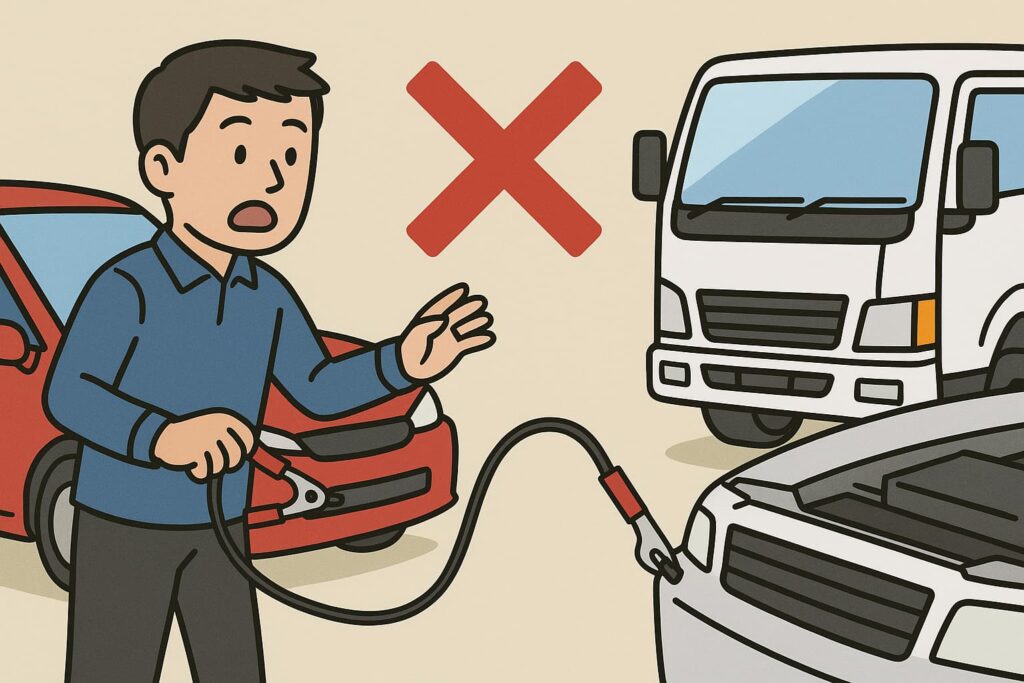 乗用車をトラックで助けようとしている注意喚起のイラスト