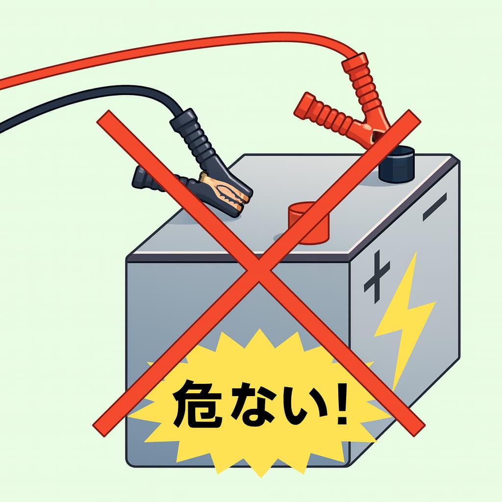 ブースターケーブルを適当に繋ごうとしているイラスト