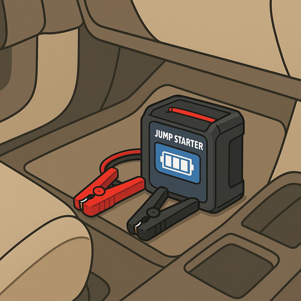 助手席の足元にジャンプスターターが置かれているイラスト
