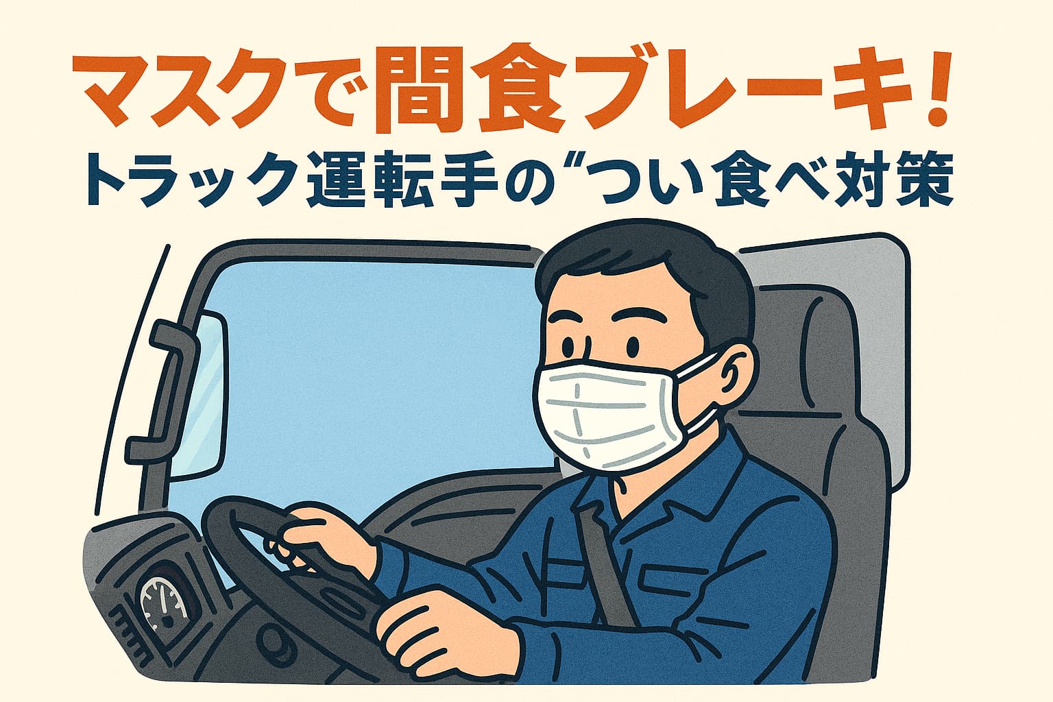 マスクを着けて運転するトラック運転手が落ち着いた表情で安全運転しているイラスト